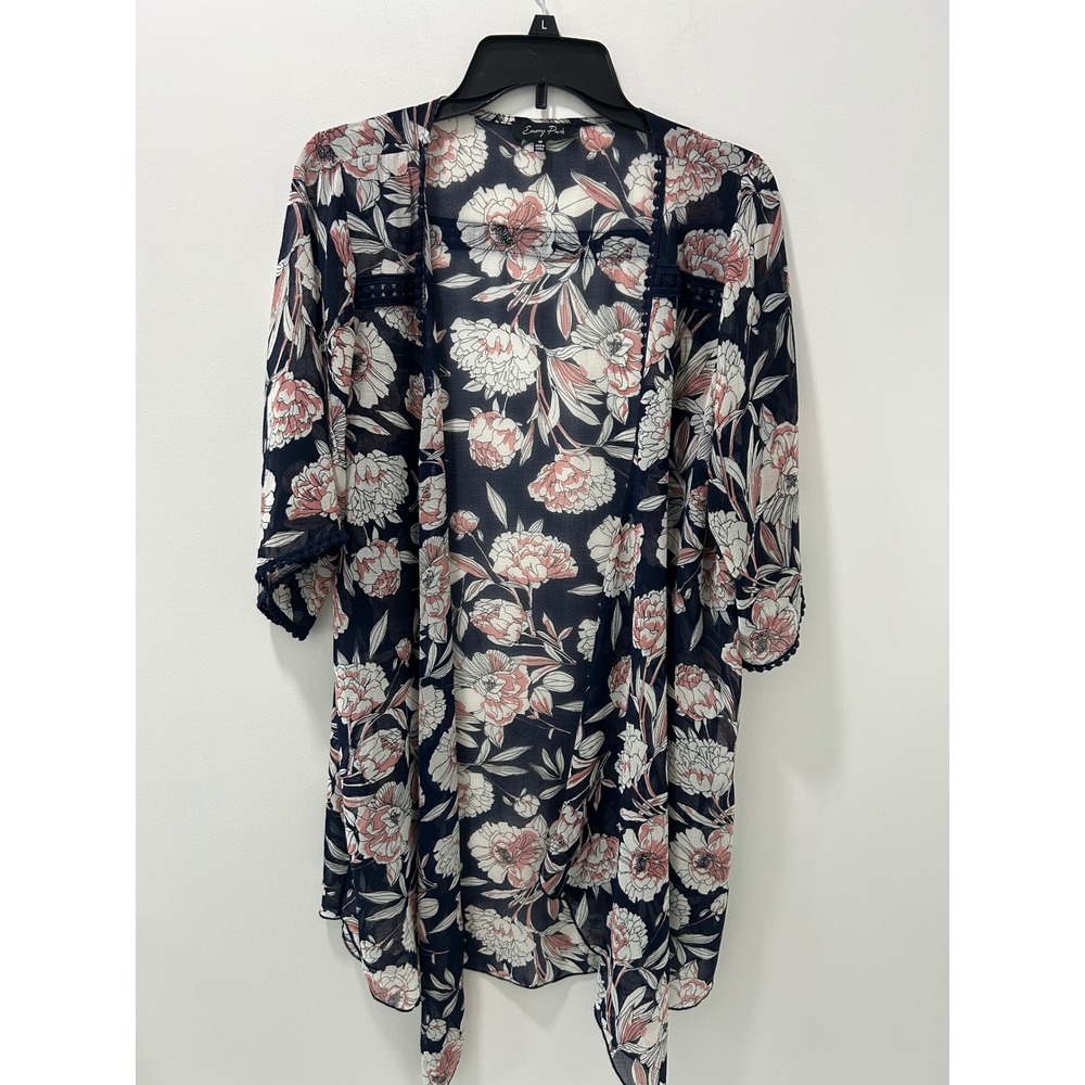 Emory Park Navy Floral Kimono Wrap Pom Pom Trim Sheer Chiffon M5157K-21SF M